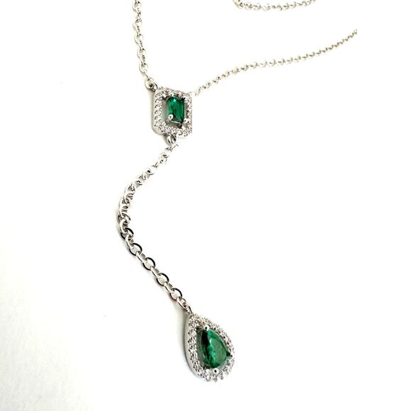 Faux Emerald Pearl and Princess Cut Rhinestone Lariat Necklace - Picture 6 of 6